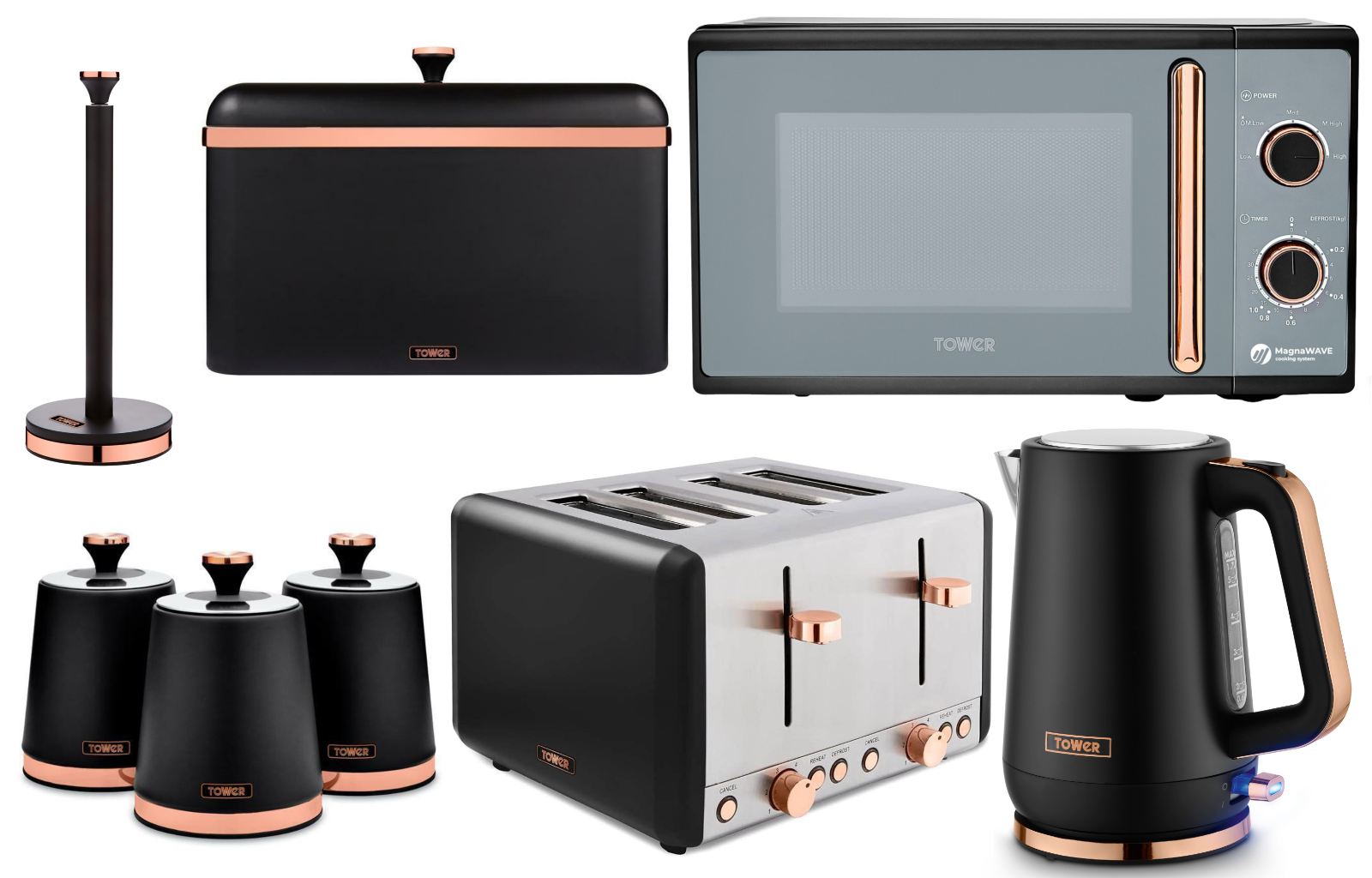 Tower Cavaletto Black Jug Kettle Toaster Microwave & Kitchen Storage Set0