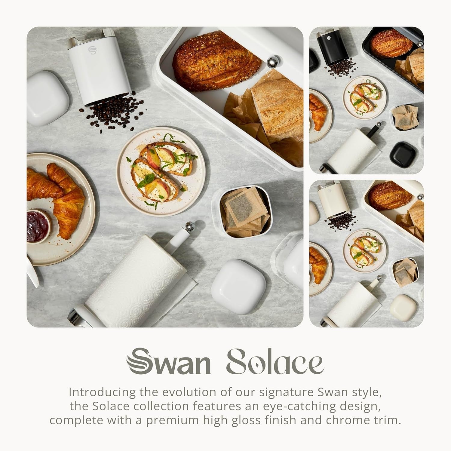 Swan Solace White Breadbin Canisters Kitchen Roll Holder Storage Set Chrome Trim9