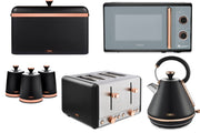 Tower Cavaletto Black 1.7L 3KW Pyramid Kettle, 4 Slice Toaster, 800W 20L Microwave, Bread Bin & Canisters Matching Set