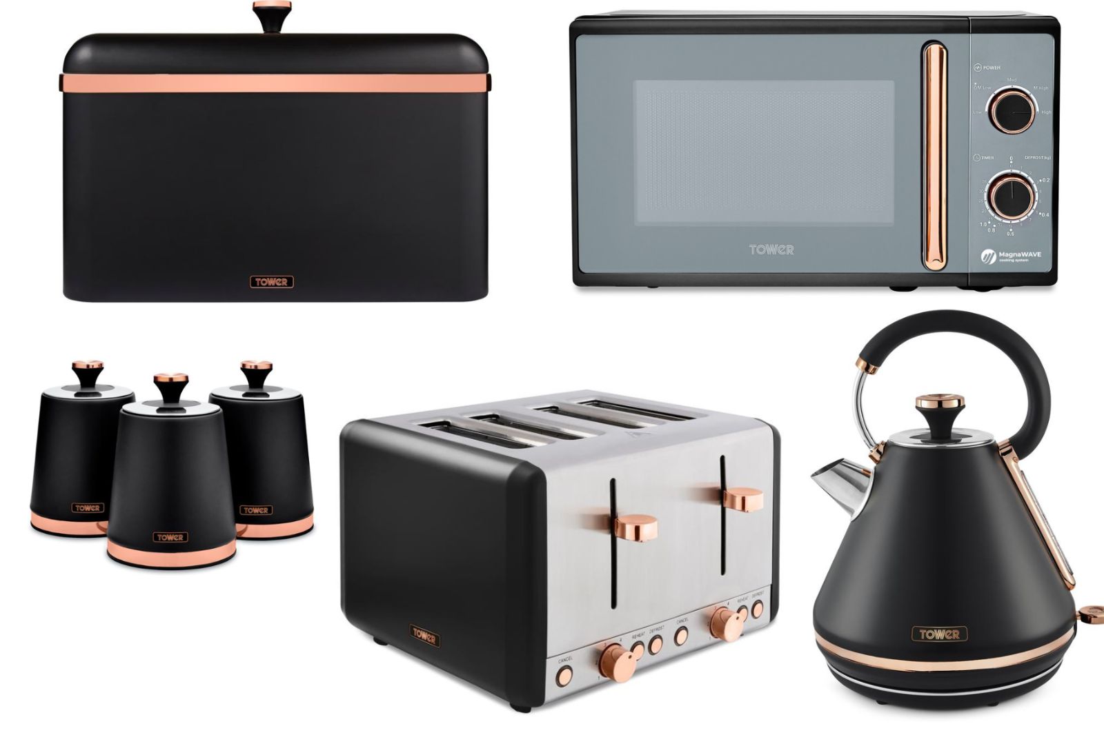 Tower Cavaletto Black 1.7L 3KW Pyramid Kettle, 4 Slice Toaster, 800W 20L Microwave, Bread Bin & Canisters Matching Set