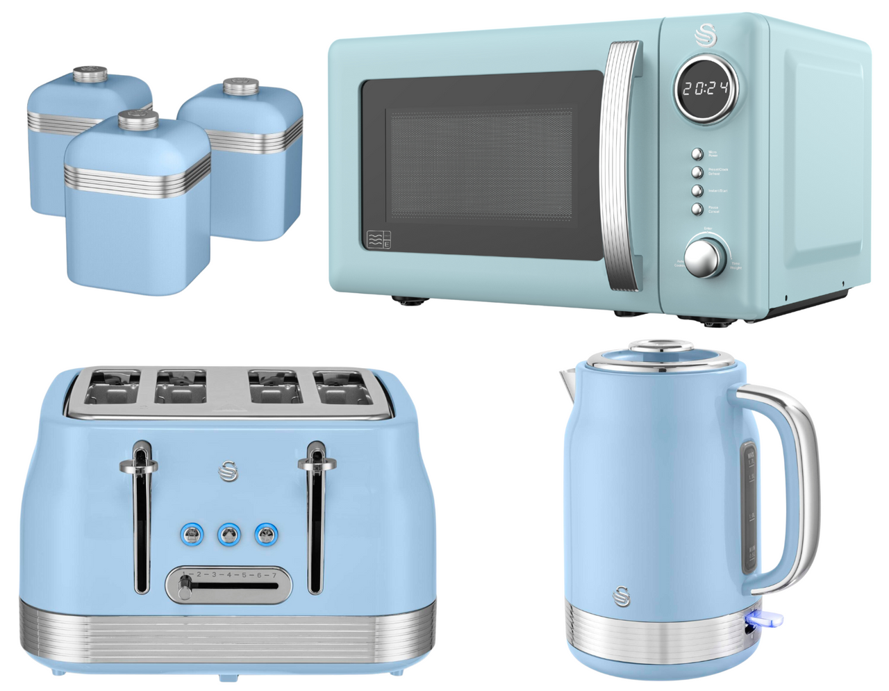 Swan Retro Revive Blue Kettle 4 Slice Toaster Microwave Canisters Bundle Set0