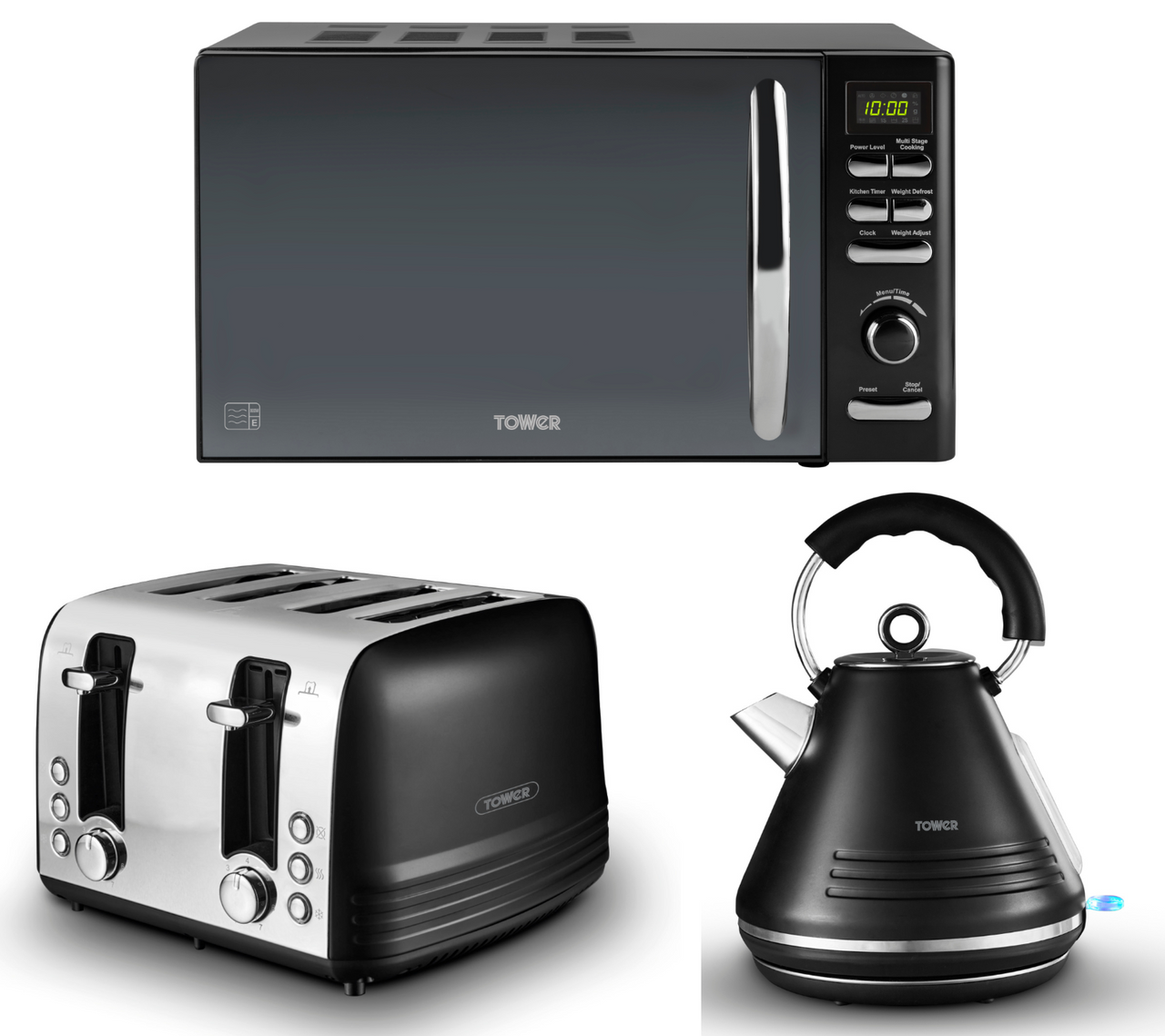 Tower Ash Black 1.7L 3KW Pyramid Kettle ,4 Slice Toaster & T24019 Infinity Microwave Matching Set