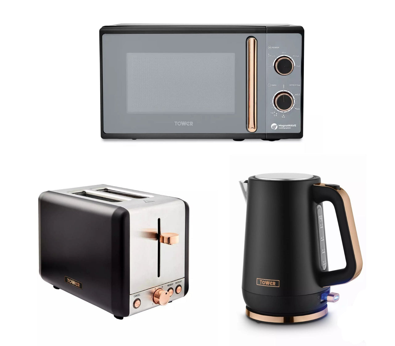 Tower Cavaletto Kettle, 2 Slice Toaster & Microwave Set Black Rose Gold0