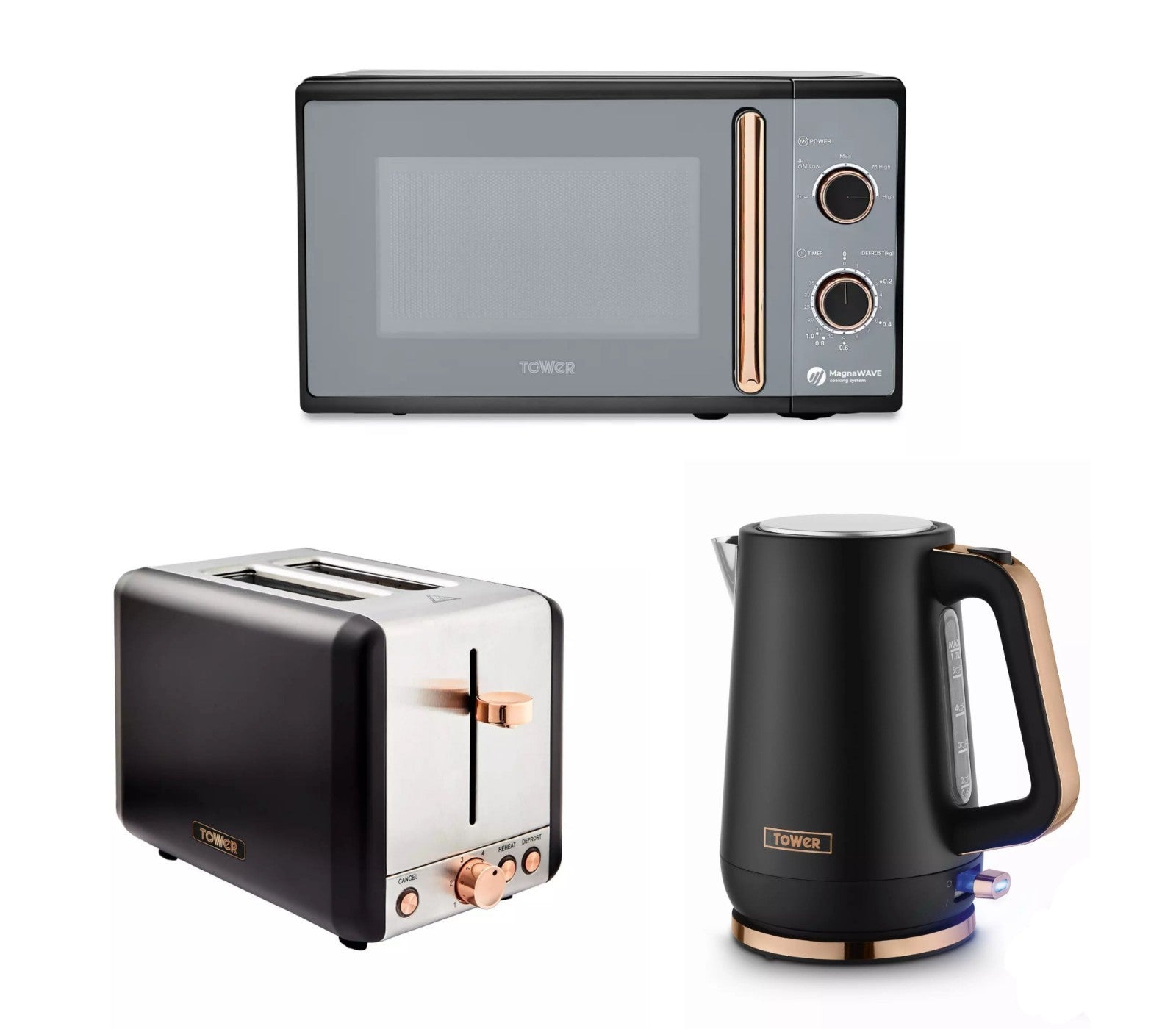 Tower Cavaletto Kettle, 2 Slice Toaster & Microwave Set Black Rose Gold0