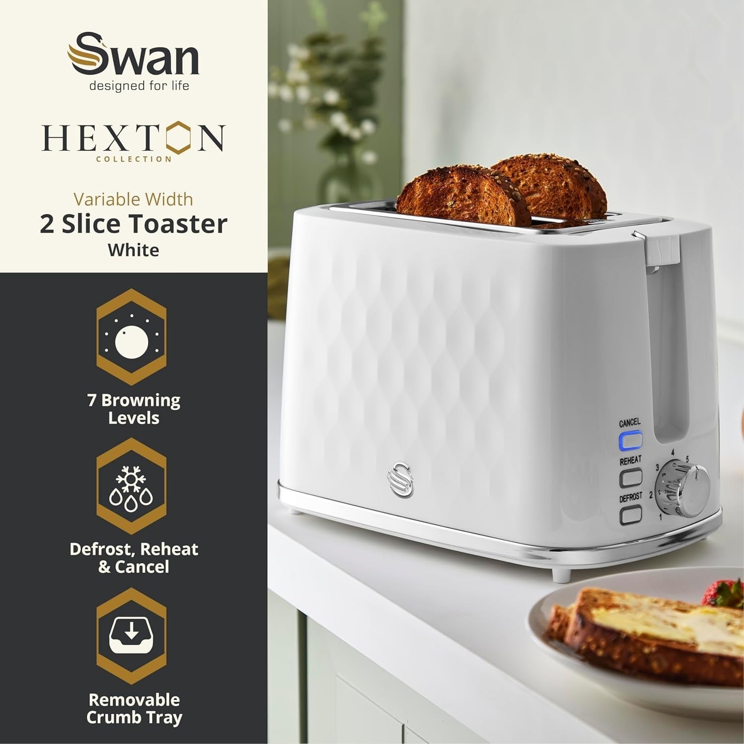 Swan Hexton White Kettle & 2 Slice Toaster Hexagonal Texture Chrome Accents7