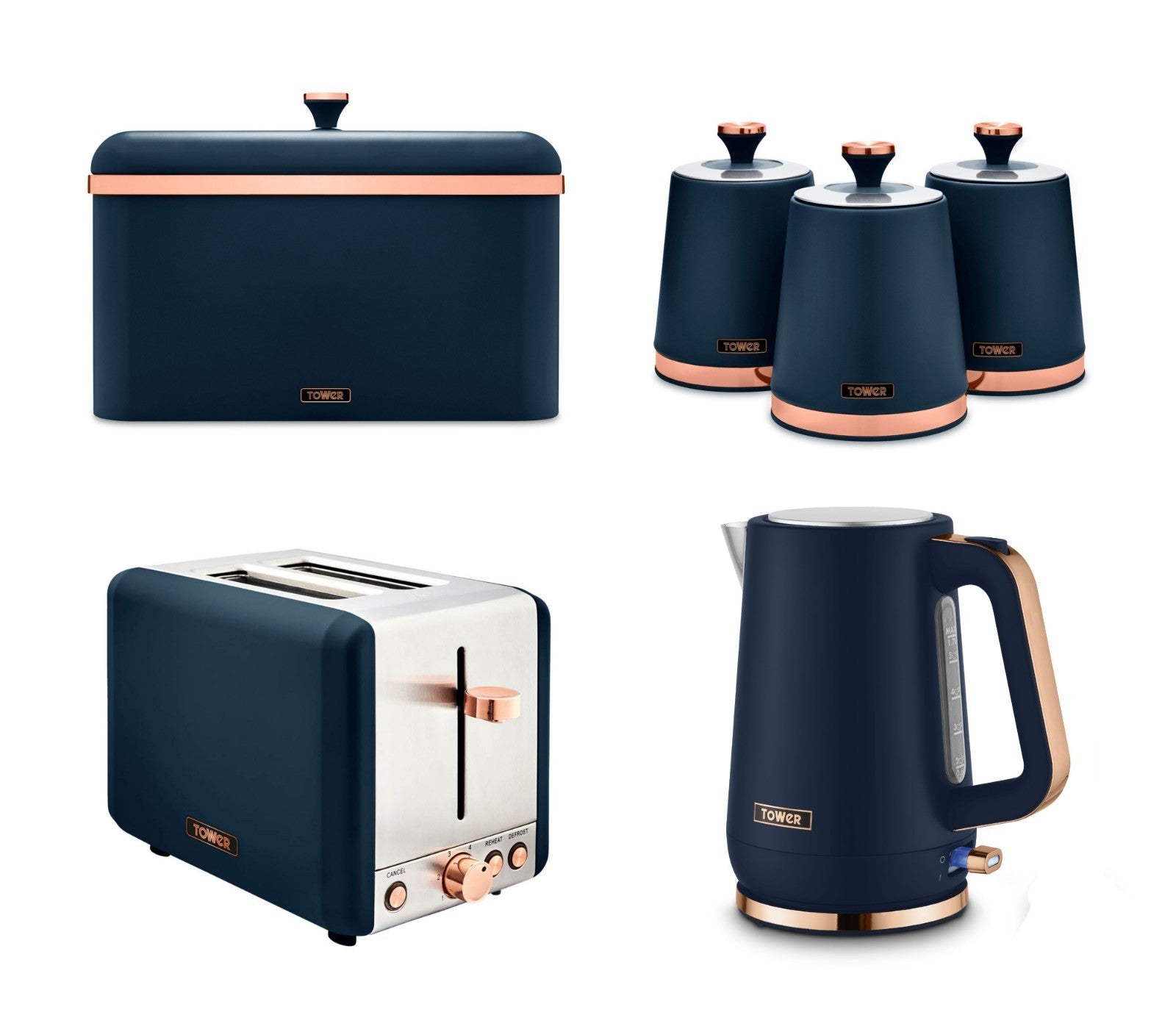 Tower Cavaletto Kettle, 2 Slice Toaster, 3 Canisters & Bread Bin Blue Rose Gold0
