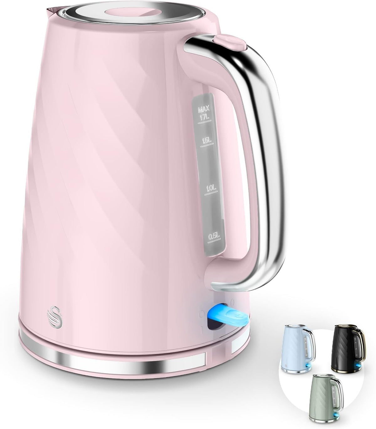 Swan Windsor Pink 1.7L 3kW Rapid Boil Kettle Cordless SK14611PNK Chrome Accents1