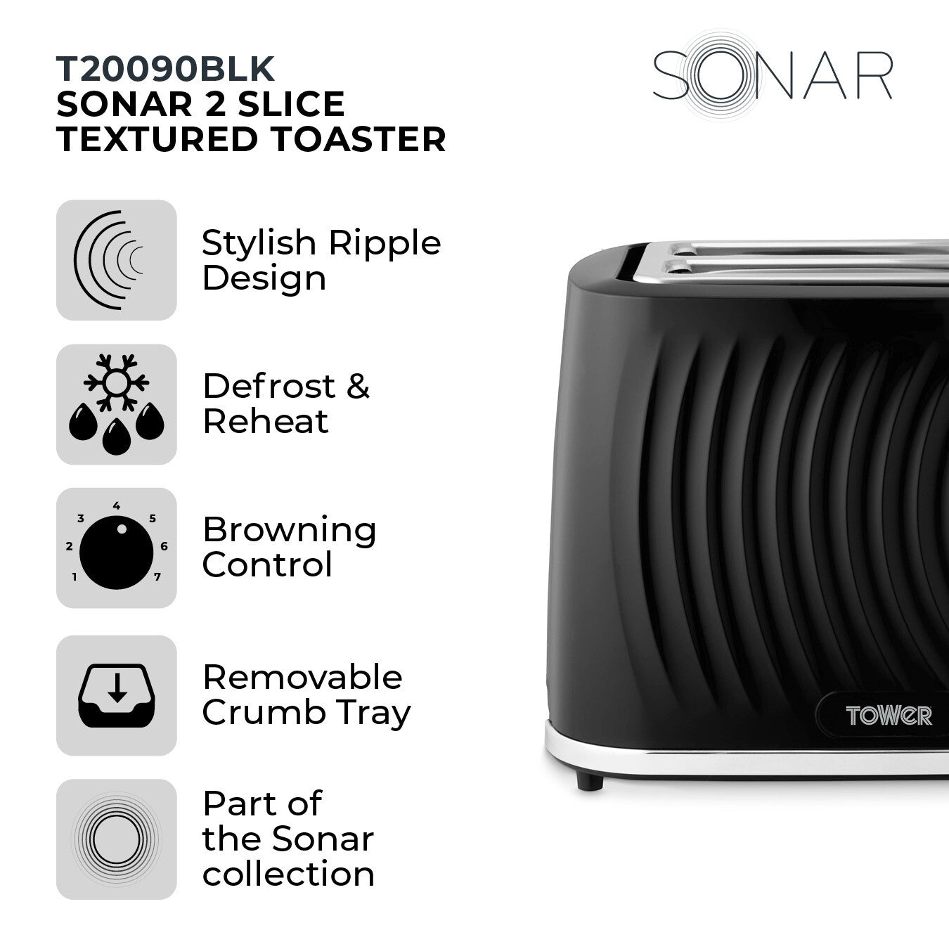 Tower Sonar Black Kettle 2 Slice Toaster & 800W 20L Manual Microwave T24044BLK11