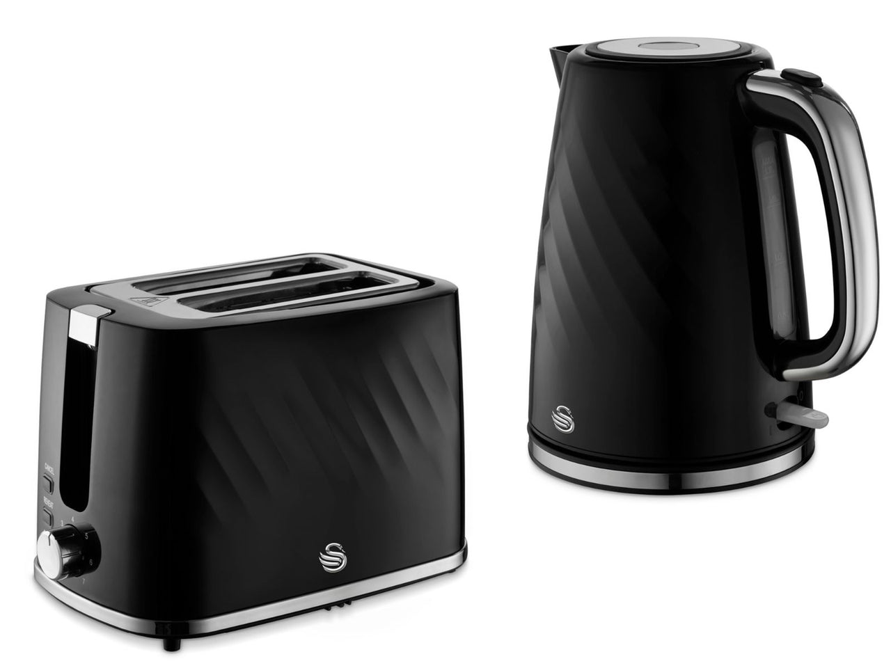 Swan Windsor Black 1.7L 3KW Kettle & 2 Slice Toaster in Textured Gloss Finish & Chrome