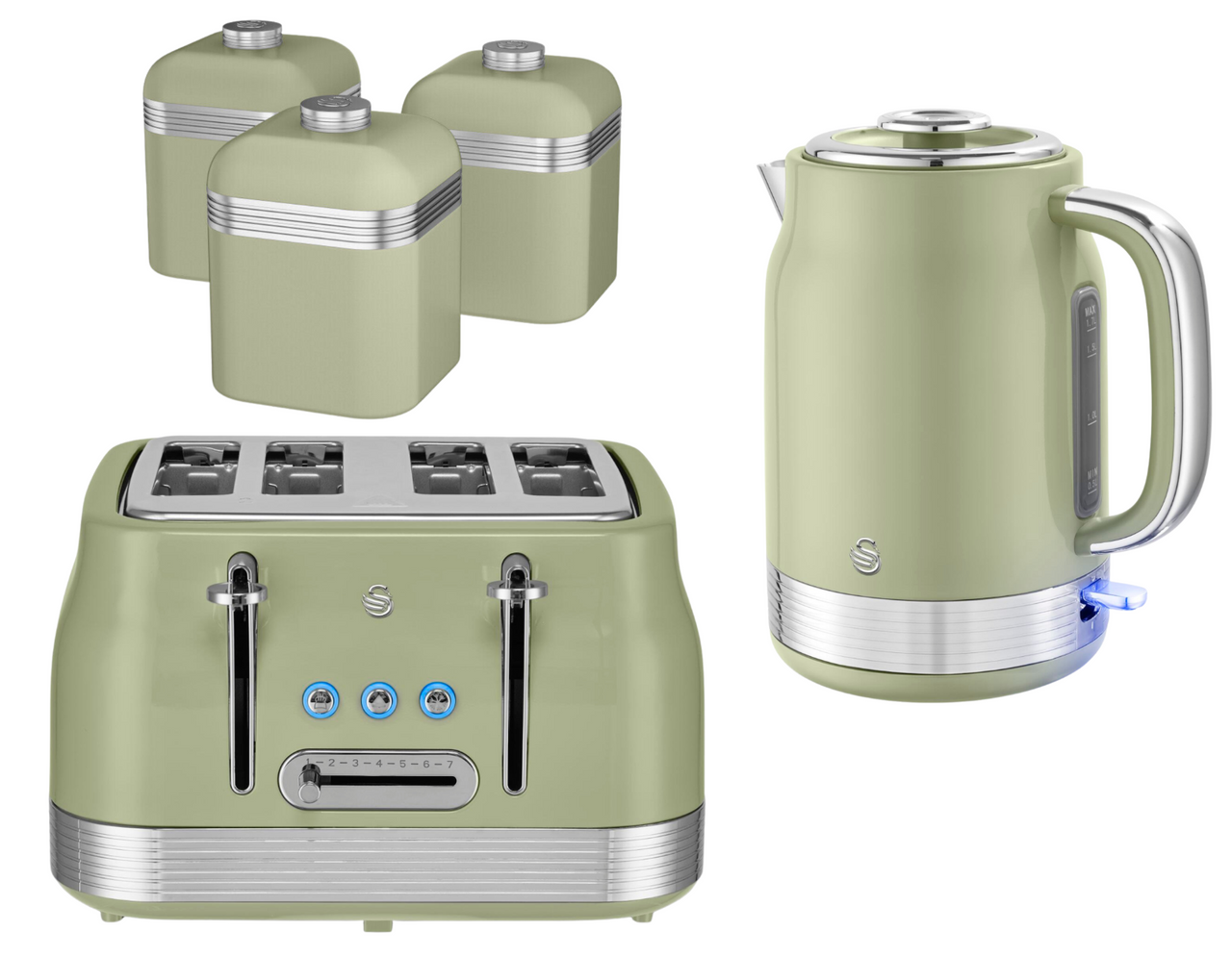 Swan Retro Revive Green Kettle 4 Slice Toaster & 3c Canisters Kitchen Bundle Set0