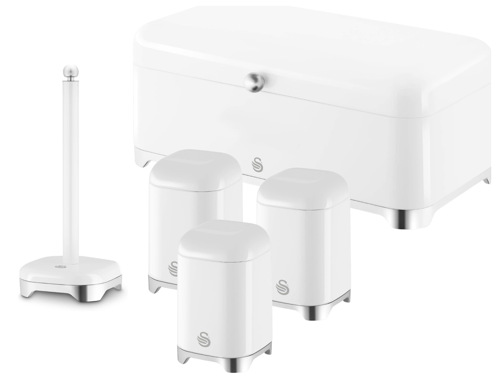 Swan Solace White Breadbin Canisters Kitchen Roll Holder Storage Set Chrome Trim0