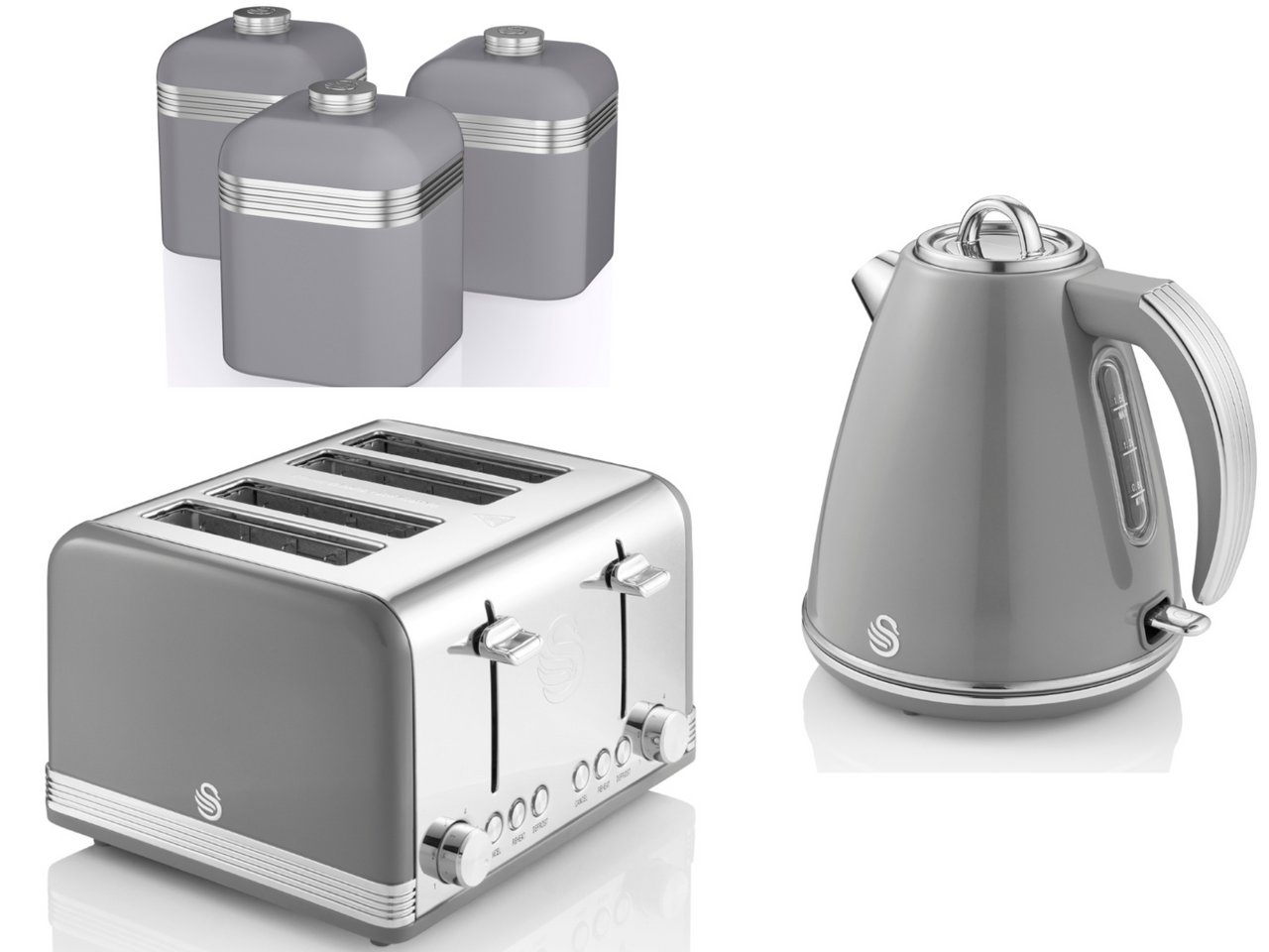 SWAN Retro Grey Jug Kettle 4 Slice Toaster & Canisters Matching Kitchen Set