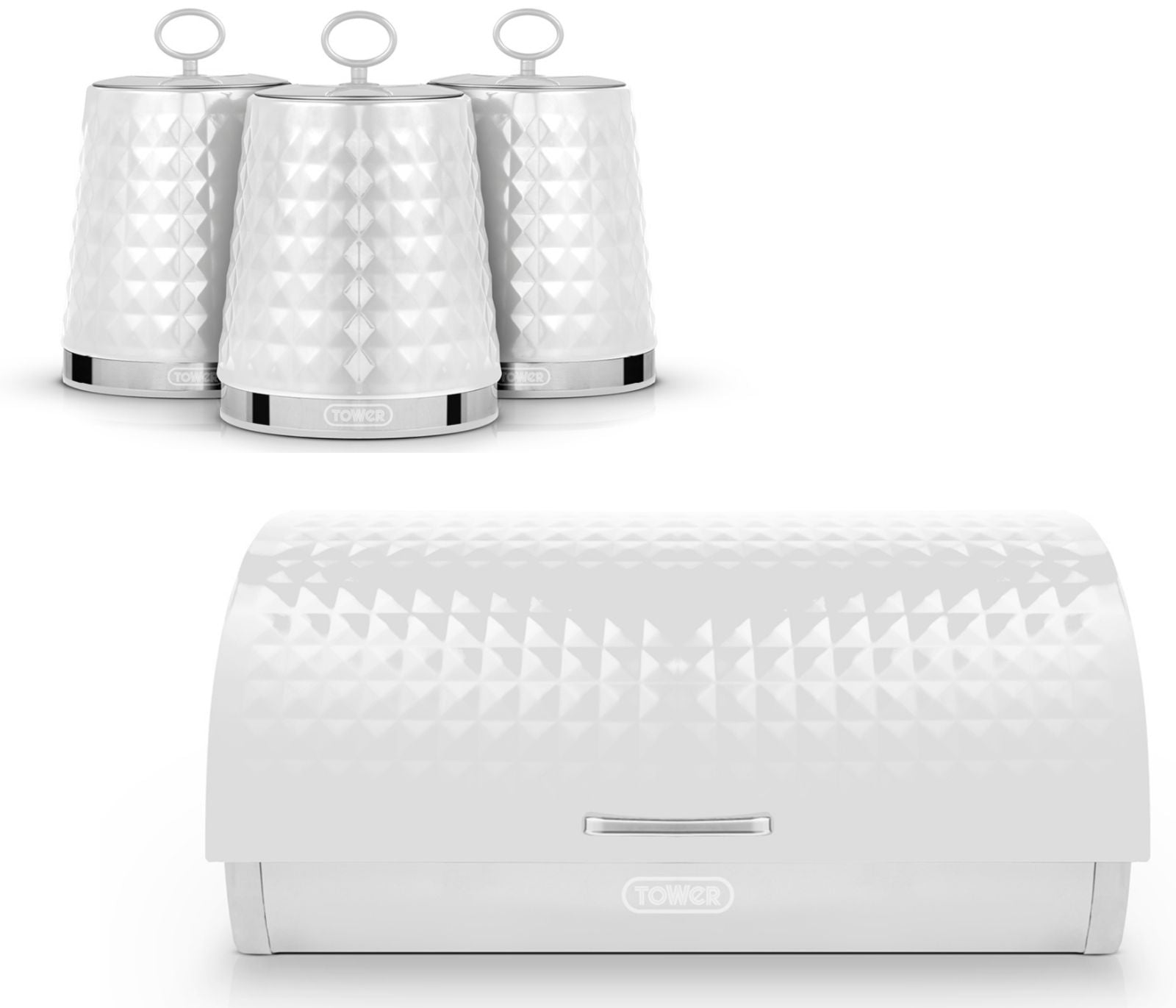 Tower Solitaire White Bread Bin Canisters Kitchen Storage Set with Embossed Diamond Design