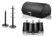 Swan Serenity Black Bread Bin, Tea, Coffee, Sugar Canisters, Mug Tree & Towel Pole Matching Kitchen Storage Set
