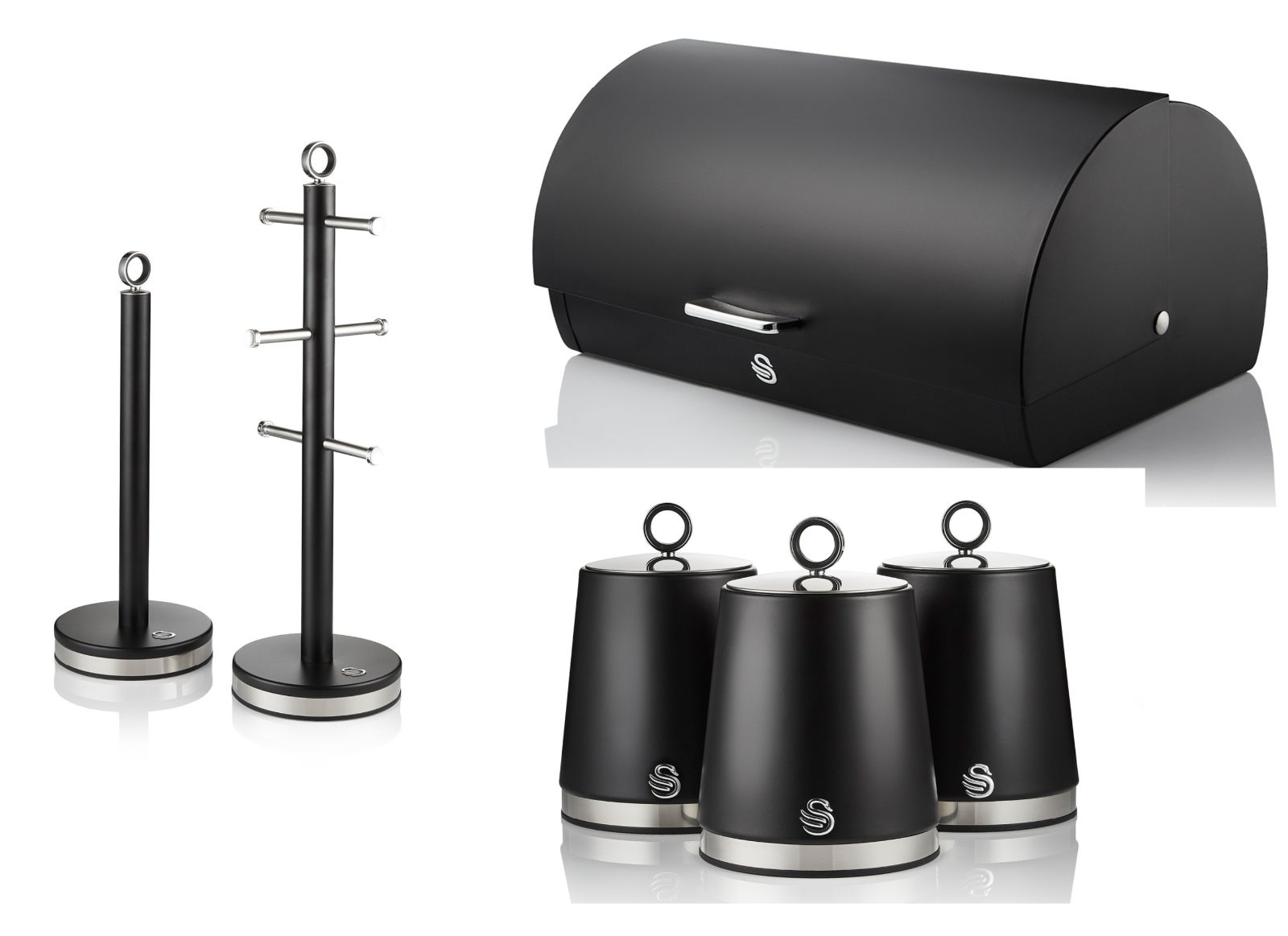 Swan Serenity Black Bread Bin, Tea, Coffee, Sugar Canisters, Mug Tree & Towel Pole Matching Kitchen Storage Set