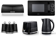 Tower Solitaire Black 1.5L 3KW Kettle, 2 Slice Toaster, 800W 20L Manual Microwave T24042BLK, Bread Bin & Tea, Coffee & Sugar Canisters Matching Set of 7