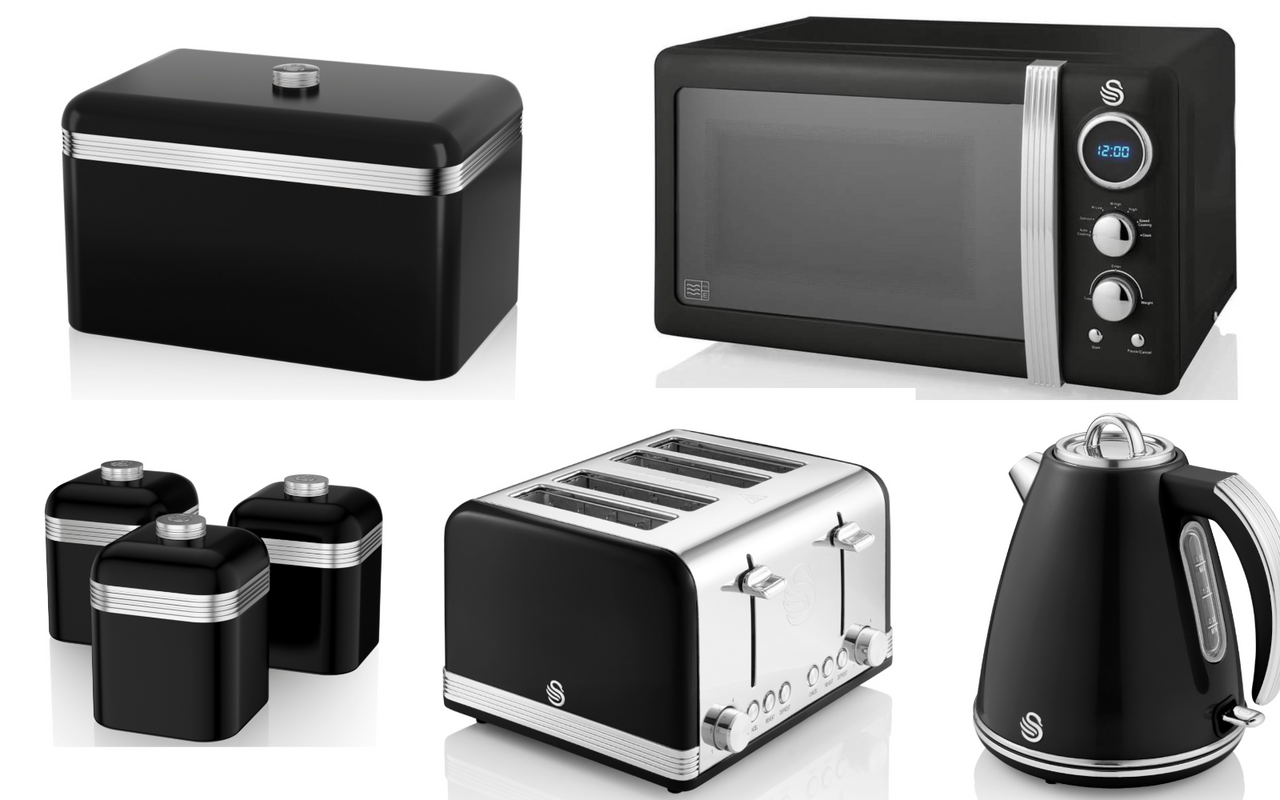 Swan Retro Black Jug Kettle, 4 Slice Toaster, 800W 20L Digital Microwave, Bread Bin & Canisters Matching Set