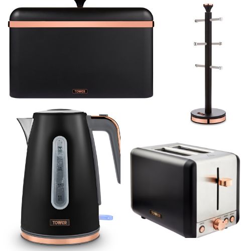 Tower Cavaletto Blue Jug Kettle, 2 Slice Toaster, Bread Bin & Mug Tree Set