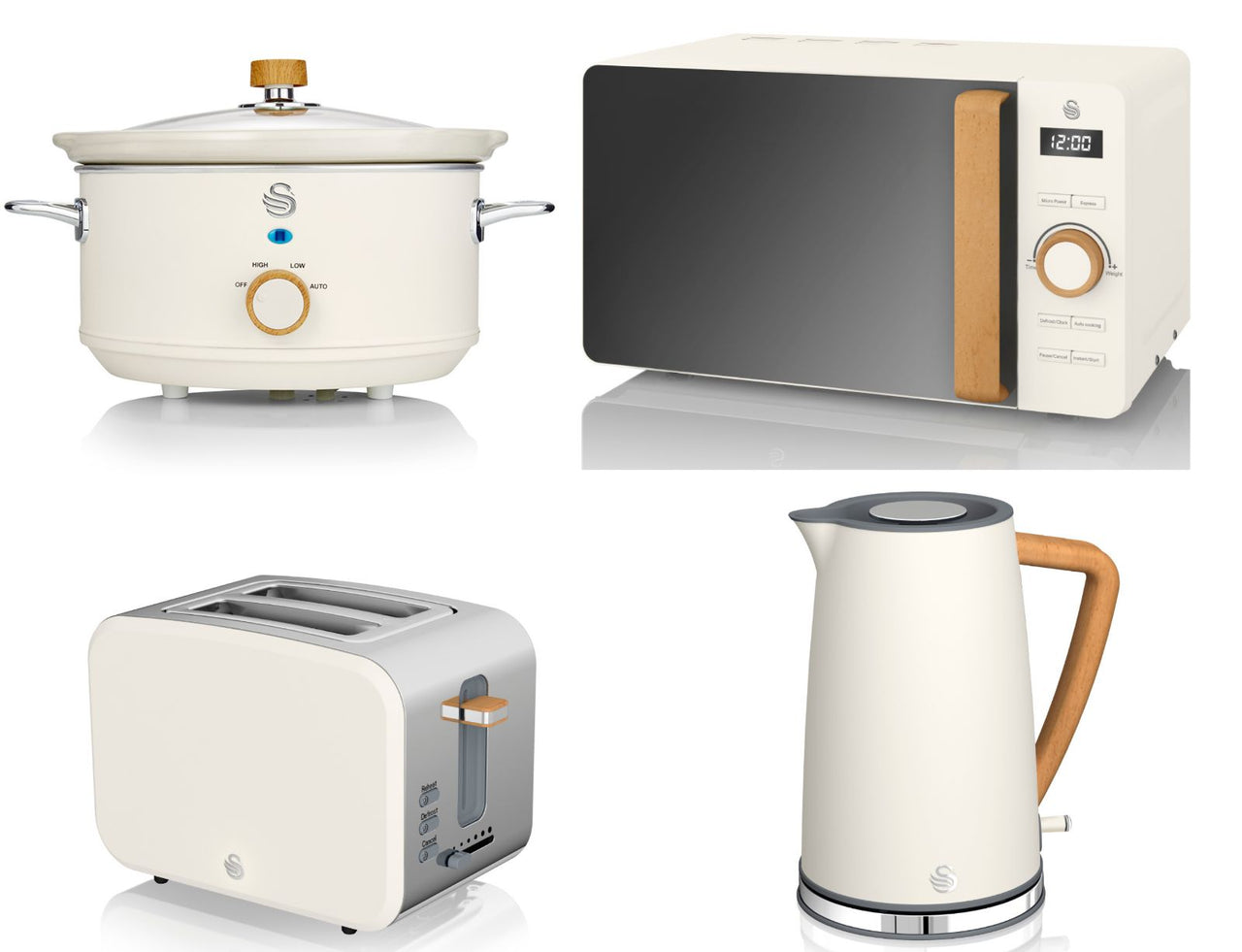 Swan Nordic Jug Kettle, 2 Slice Toaster, 800W 20L Microwave & 3.5L Slow Cooker Matching Set in Cotton White