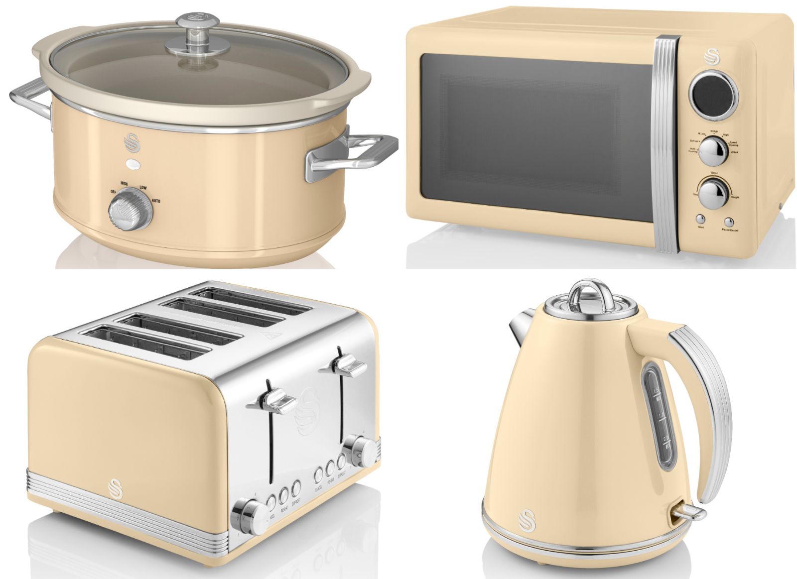 Swan Retro Cream Jug Kettle 4 Slice Toaster 800W Microwave 3.5L Slow Cooker Set