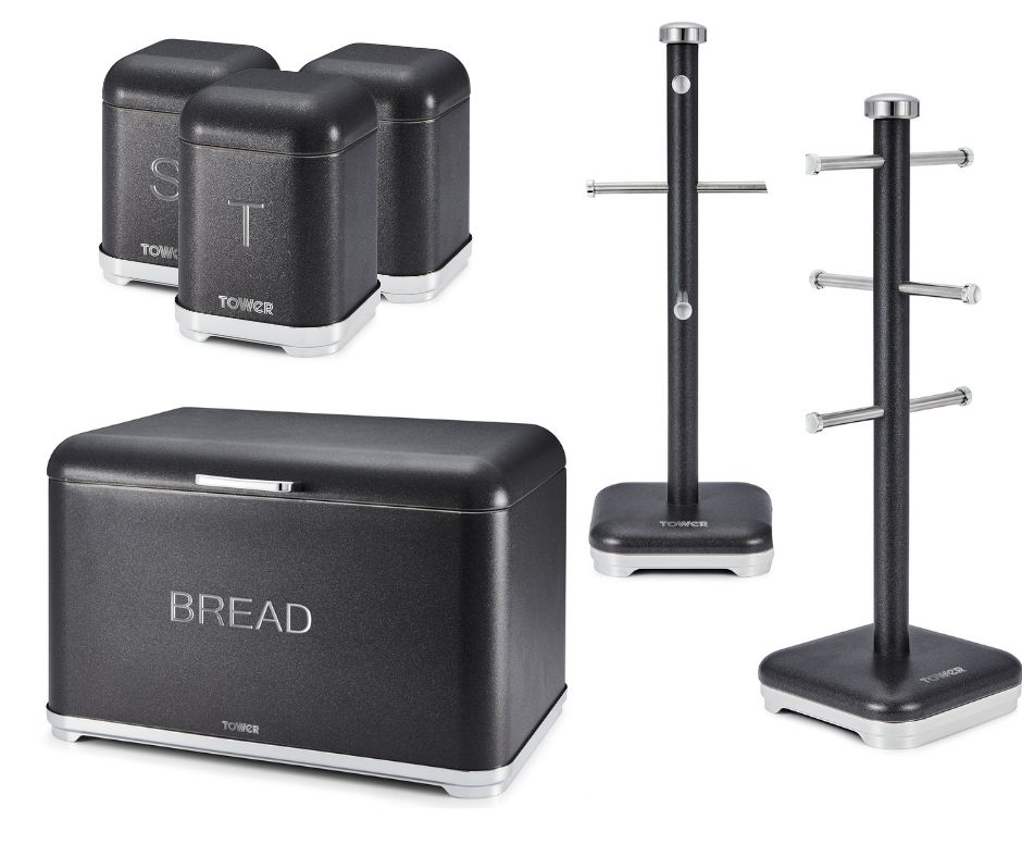 Tower GLITZ Bread Bin Canisters Mug Tree & Towel Pole Kitchen Set Sparkling Black