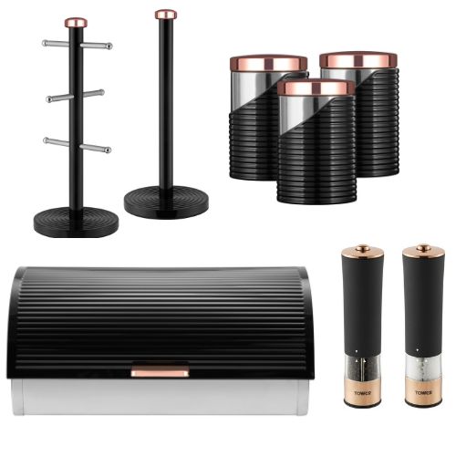 TOWER Linear Kitchen Storage Set with Breadbin Canisters Mug Tree Towel Pole Electric Salt &Pepper Set Black & Rose Gold
