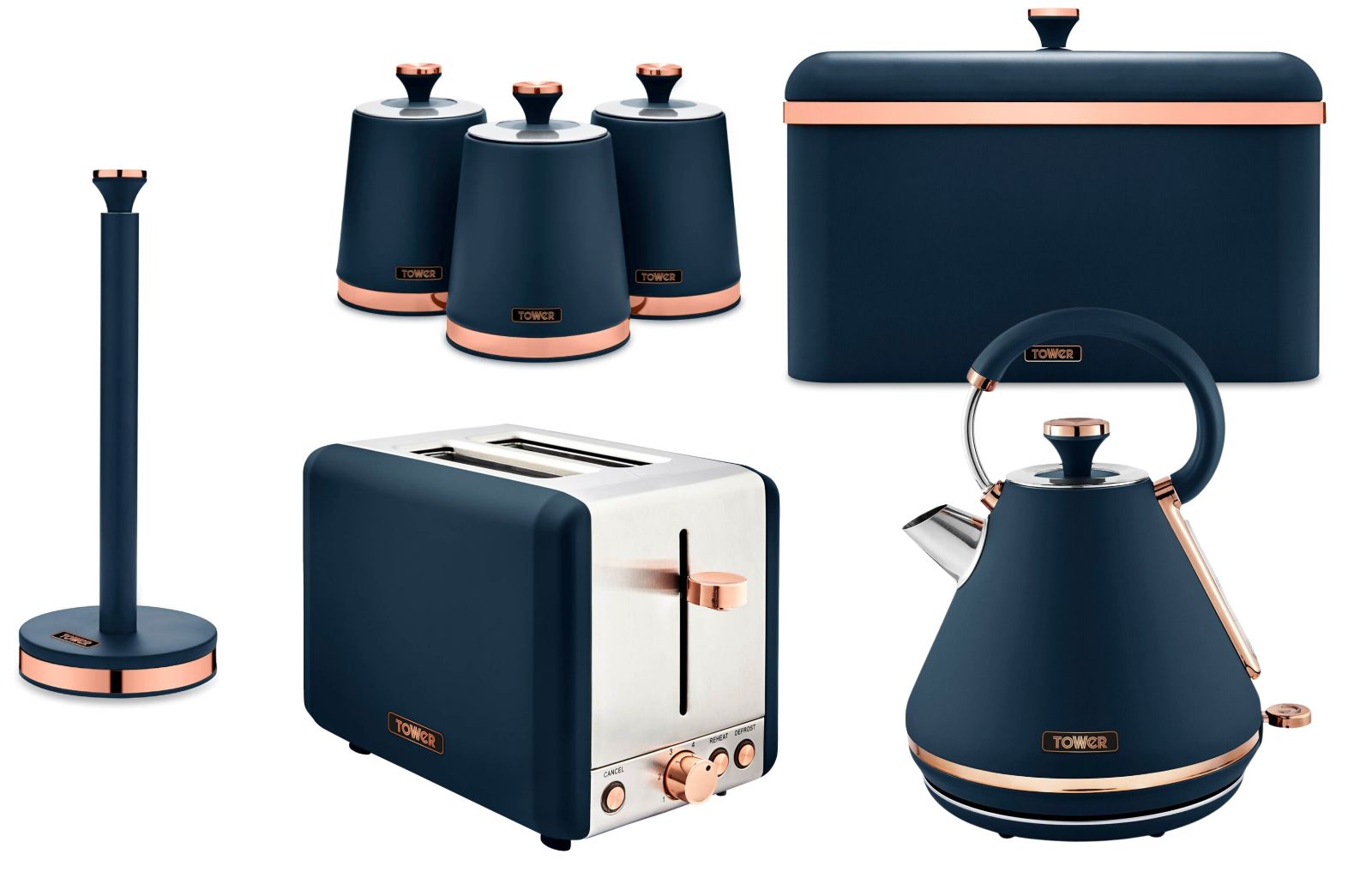 Tower Cavaletto Blue Kettle Toaster Bread Bin Canisters Kitchen Roll Holder Set0