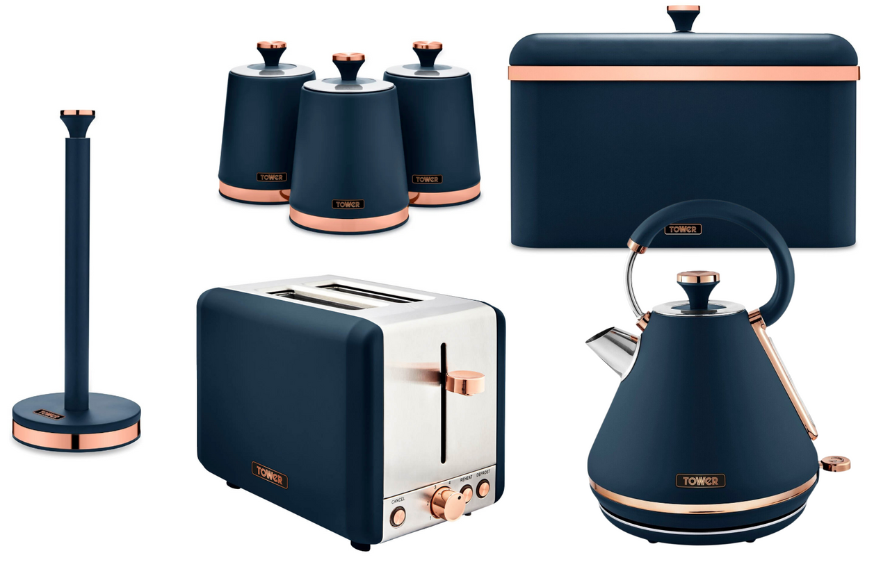 Tower Cavaletto Blue Kettle Toaster Bread Bin Canisters Kitchen Roll Holder Set0