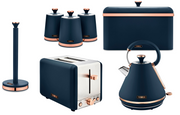 Tower Cavaletto Blue Kettle Toaster Bread Bin Canisters Kitchen Roll Holder Set0
