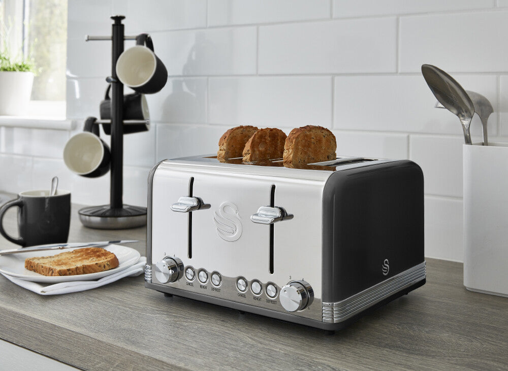 Swan Retro Black Kettle 4 Slice Toaster Microwave & Canisters Kitchen Set of 62