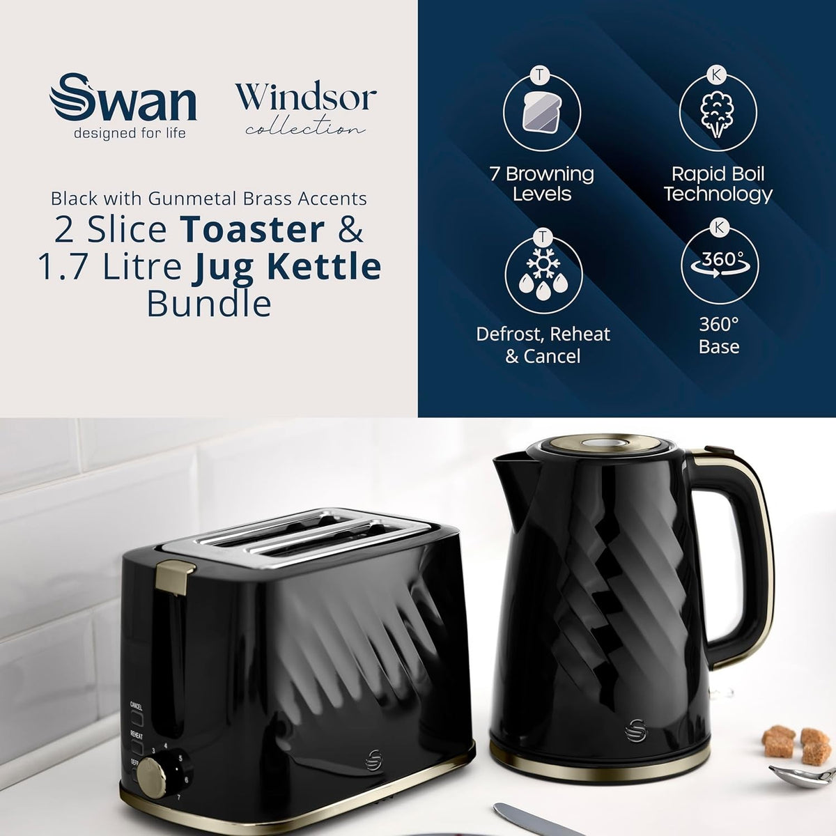 Swan Windsor Kettle and 2 Slice Toaster Set in Black and Gun Metal Brass2