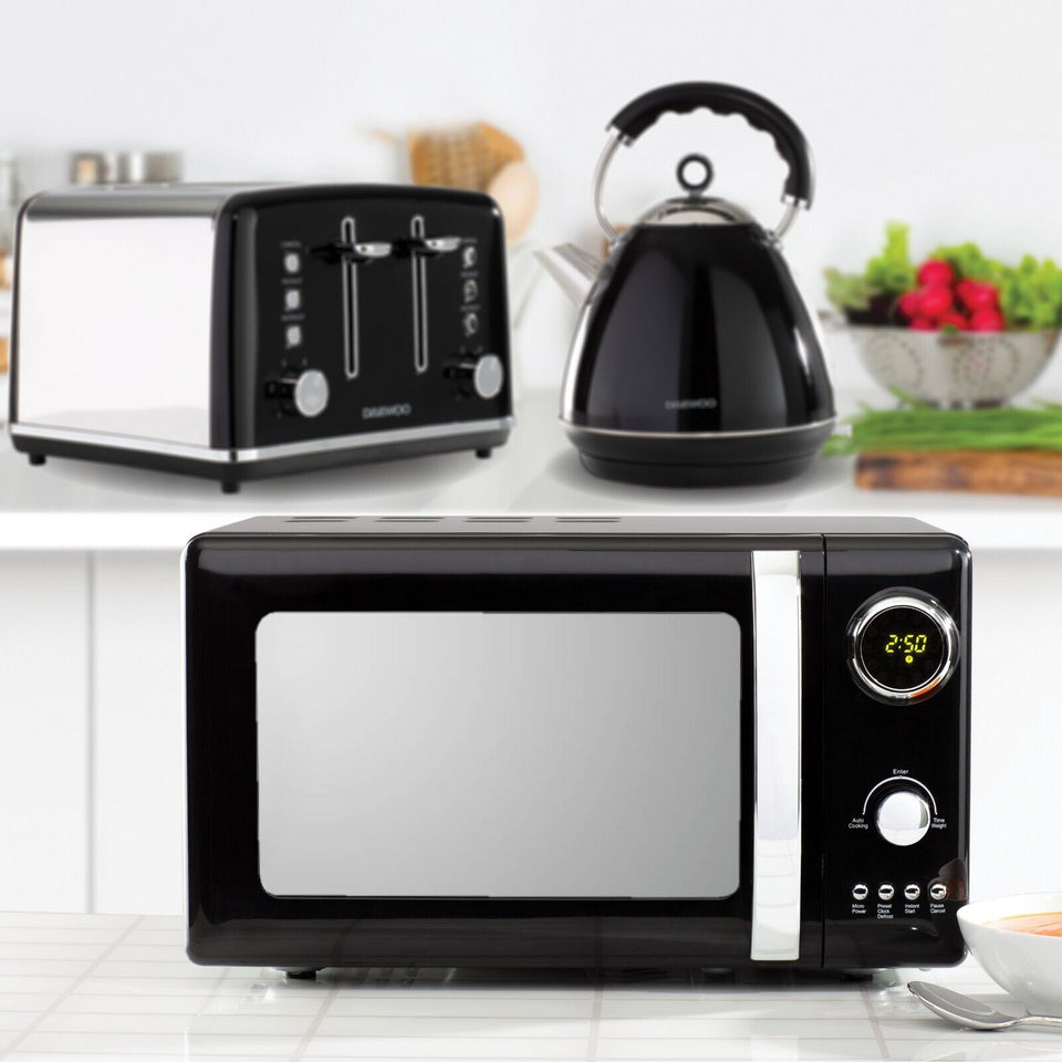 Daewoo Kensington Black Pyramid Kettle 4 Slice Toaster & Microwave Set