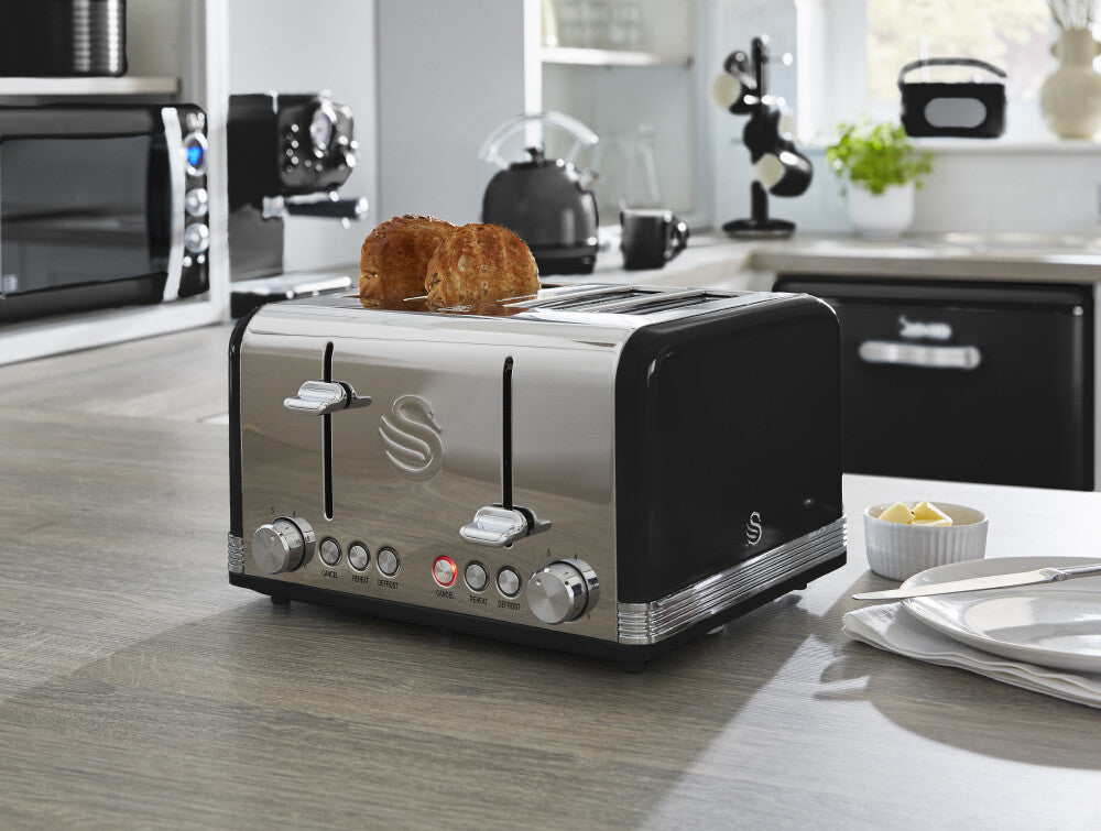 Swan Retro Black Kettle 4 Slice Toaster Microwave & Canisters Kitchen Set of 66