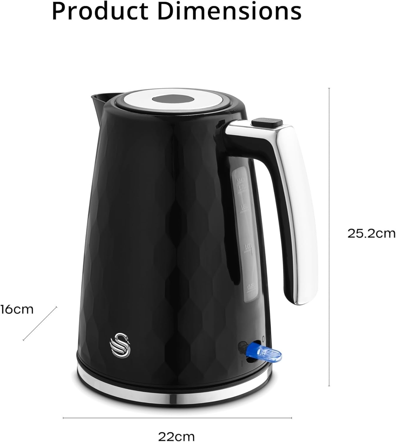 Swan Hexton Black Rapid Boil Kettle 1.7L 3KW Hexagonal Texture Chrome Accents6