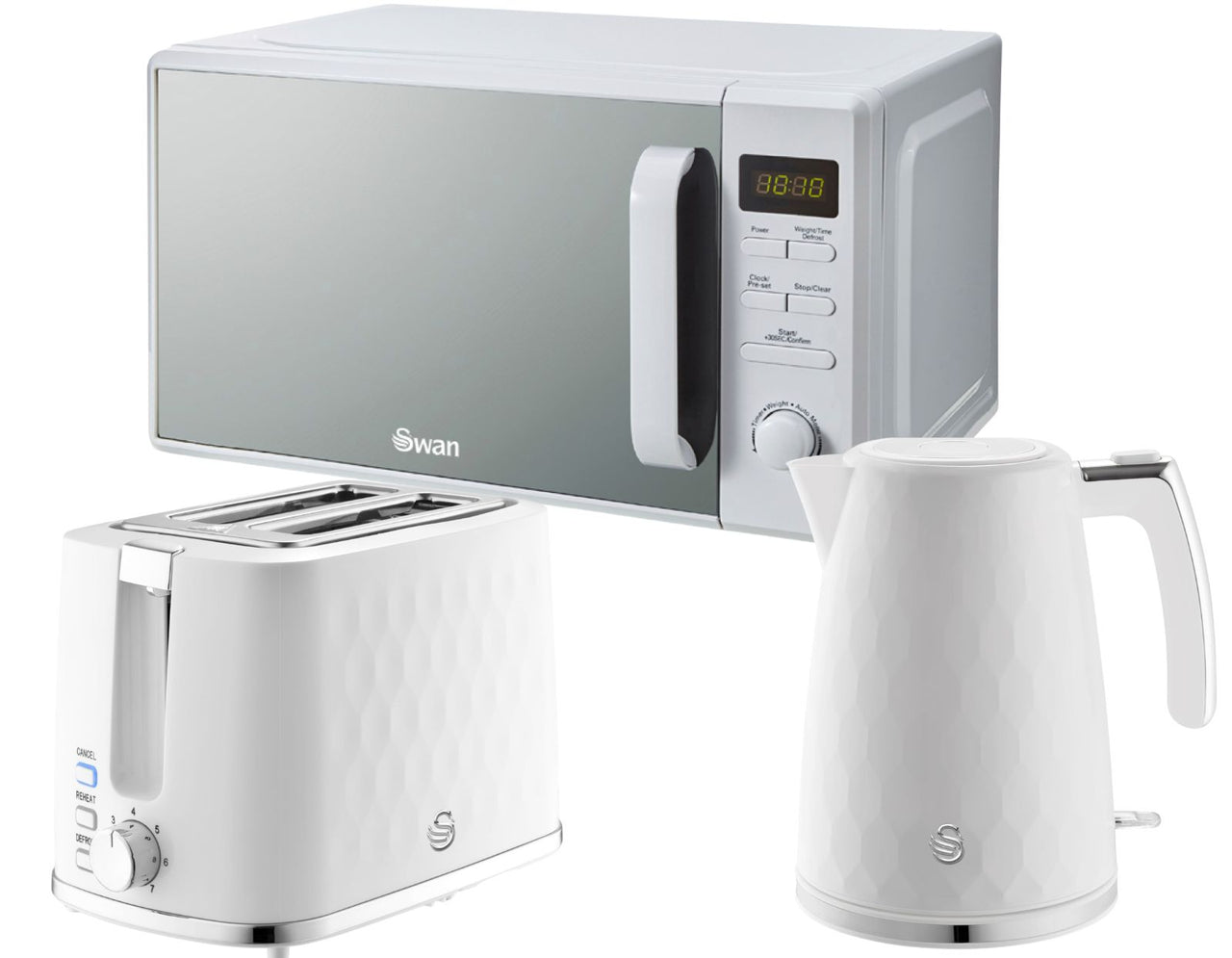 Swan Hexton White Kettle 2 Slice Toaster Plus 20L Digital Microwave SM4421WHT0