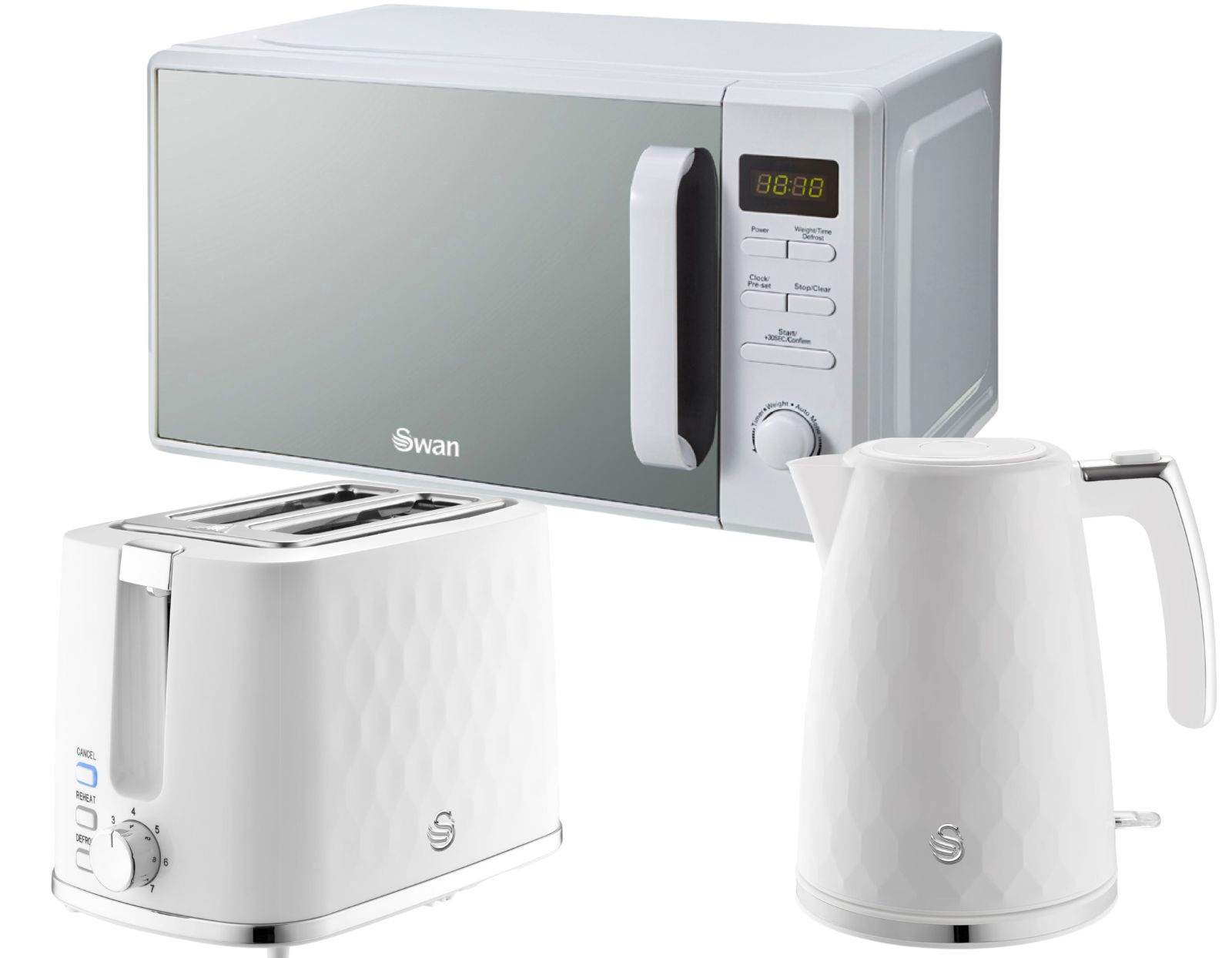 Swan Hexton White Kettle 2 Slice Toaster Plus 20L Digital Microwave SM4421WHT0