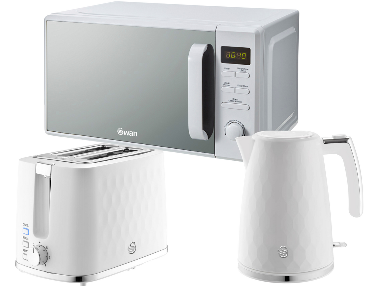 Swan Hexton White Kettle 2 Slice Toaster Plus 20L Digital Microwave SM4421WHT0