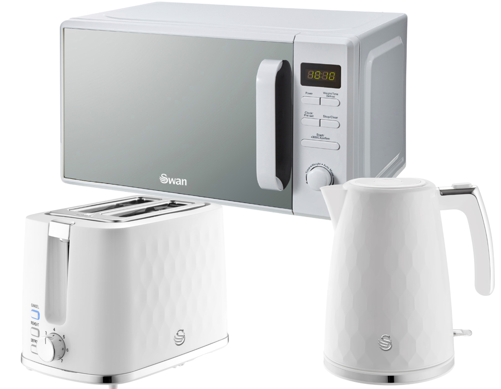 Swan Hexton White Kettle 2 Slice Toaster Plus 20L Digital Microwave SM4421WHT0