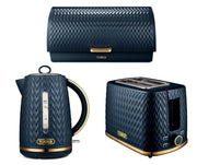 Tower Empire Kettle, 2 Slice Toaster & Bread Bin Art Deco Midnight Blue & Brass