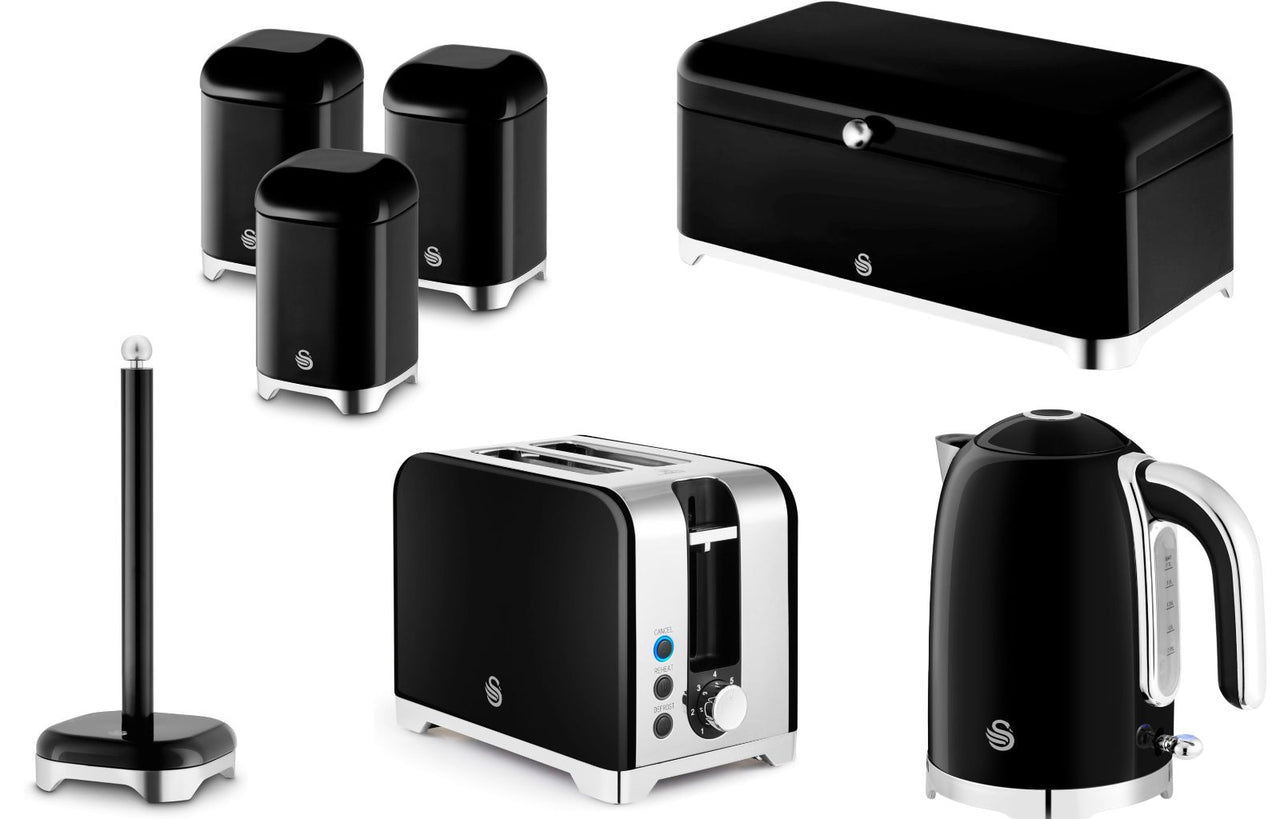Swan Solace Black Kettle Toaster Breadbin Canisters Kitchen Roll Holder Set of 70
