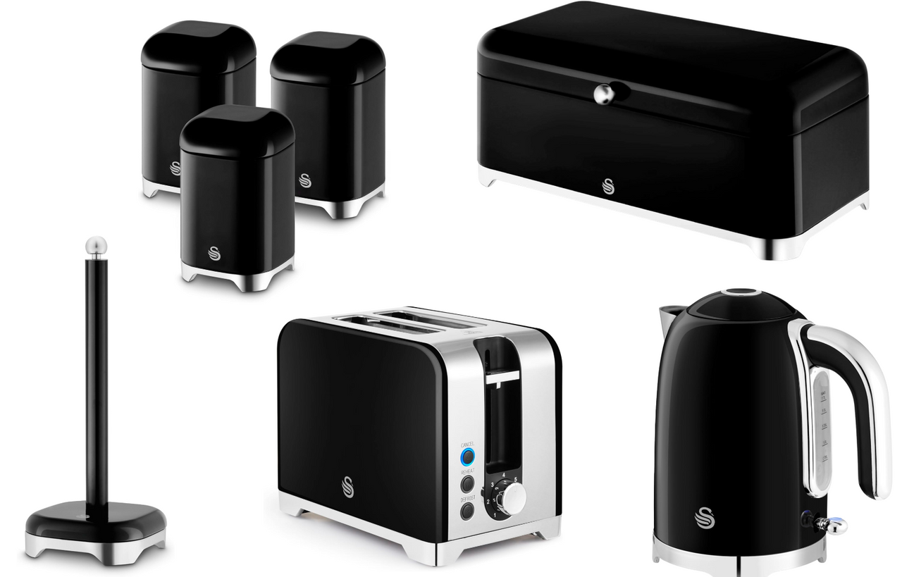 Swan Solace Black Kettle Toaster Breadbin Canisters Kitchen Roll Holder Set of 70