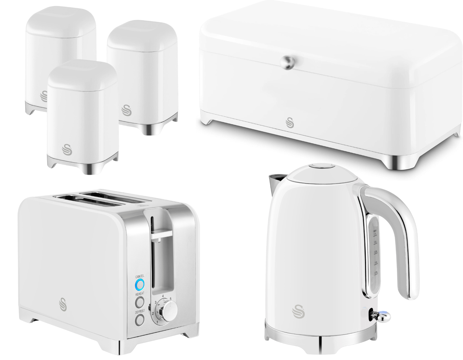 Swan Solace White Kettle Toaster Bread Bin Canisters Matching Kitchen Set0