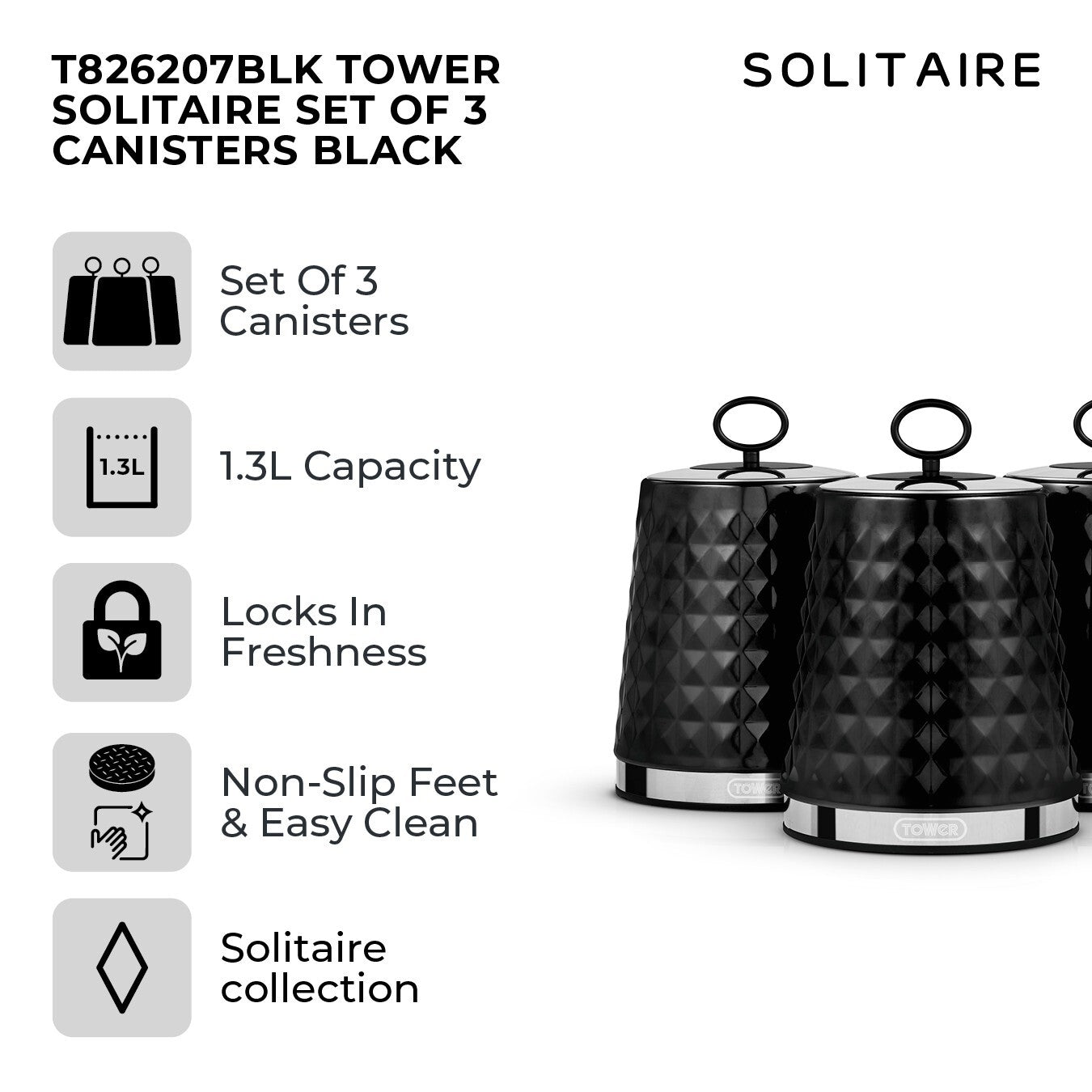 Tower Solitaire Black Kettle Toaster Microwave Bread Bin Canisters Kitchen Set14