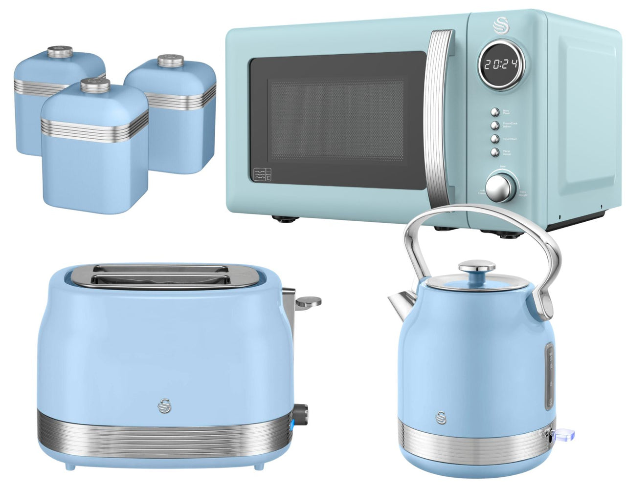 Swan Retro Revive Blue Stovetop Kettle 2 Slice Toaster Microwave Canisters Set0