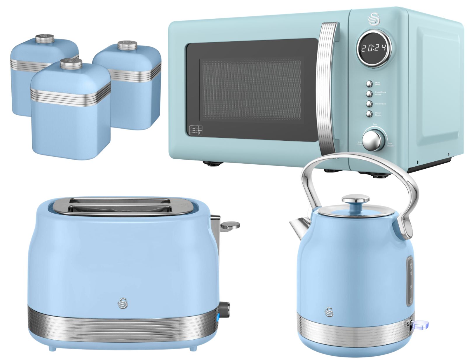 Swan Retro Revive Blue Stovetop Kettle 2 Slice Toaster Microwave Canisters Set0