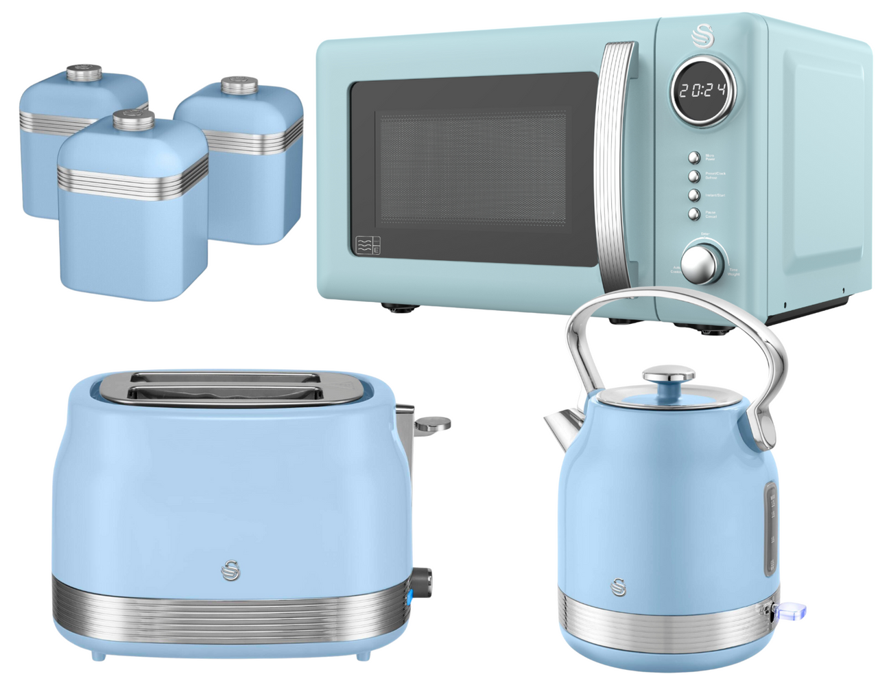 Swan Retro Revive Blue Stovetop Kettle 2 Slice Toaster Microwave Canisters Set0