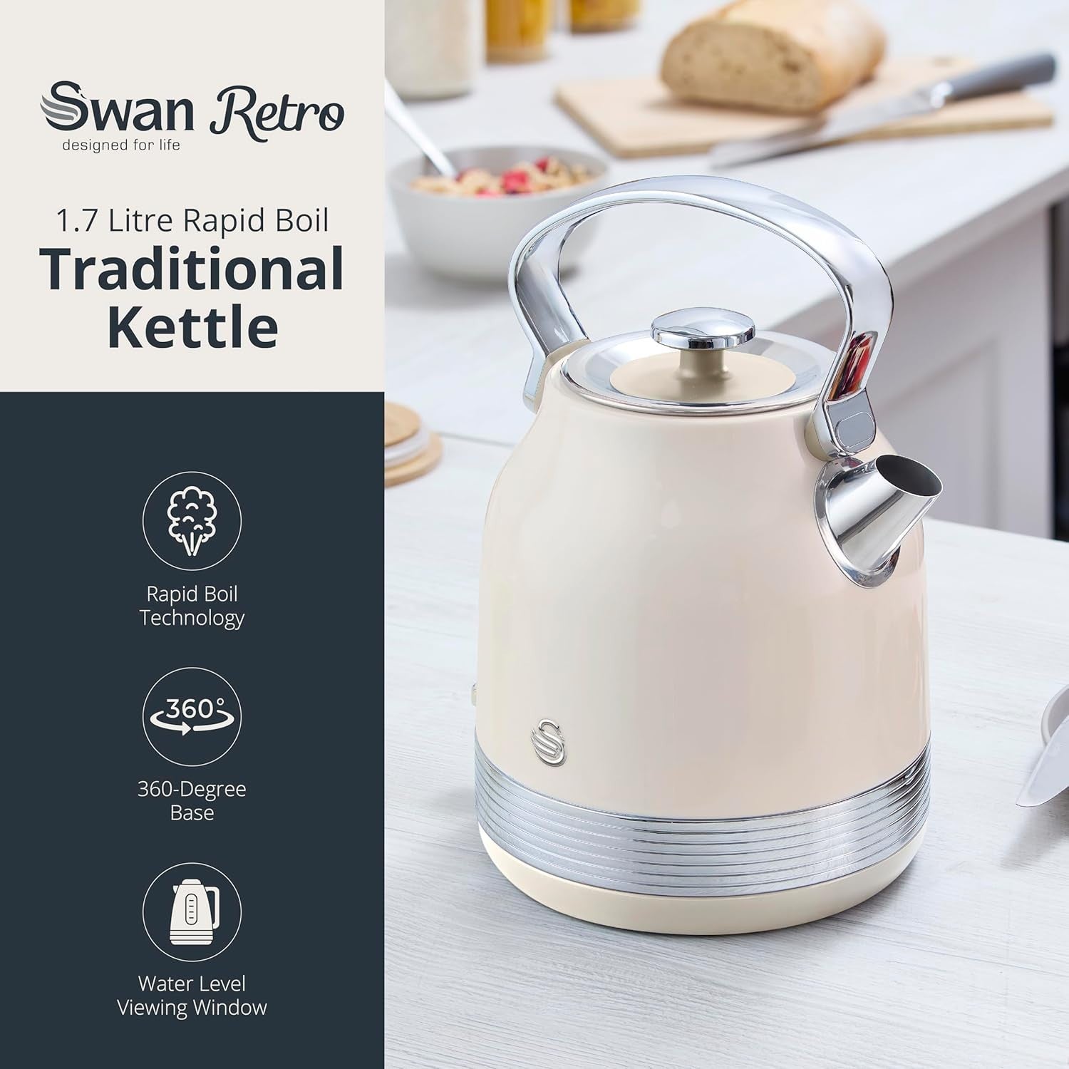 Swan Retro Revive Cream Stovetop Kettle 2 Slice Toaster Microwave Bundle Set2