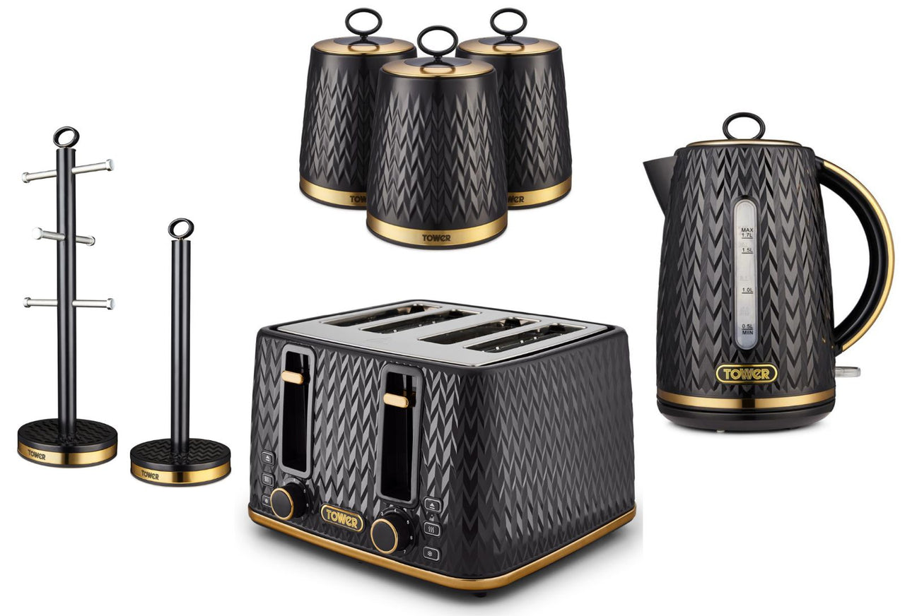Tower Empire Black Jug Kettle 4 Slice Toaster Canisters Mug Tree Towel Pole