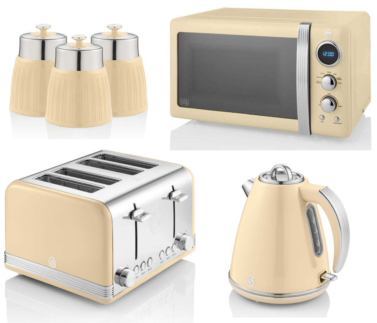 Swan Retro Cream 1.5L 3KW Jug Kettle, 4 Slice Toaster, 800W 20L Digital Microwave & Tea, Coffee, Sugar Canisters. Vintage Matching Kitchen Set of 6 in Cream