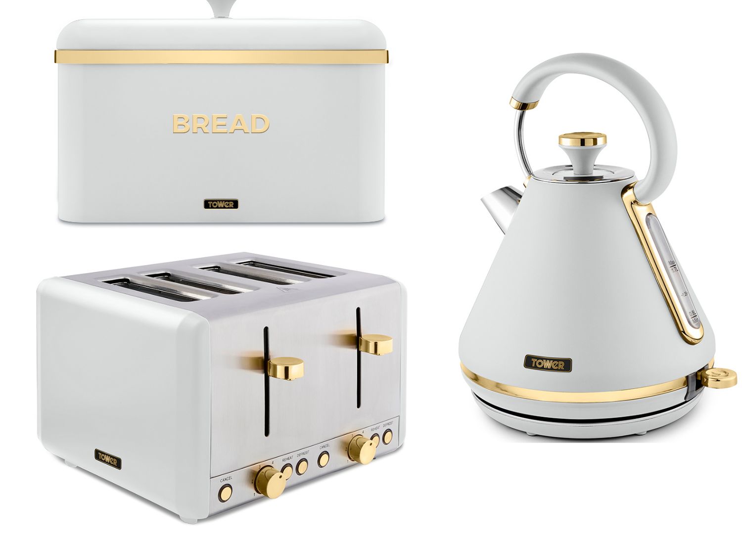 Tower Cavaletto White 1.7L 3KW Pyramid Kettle , 4 Slice Toaster & Breadbin Set